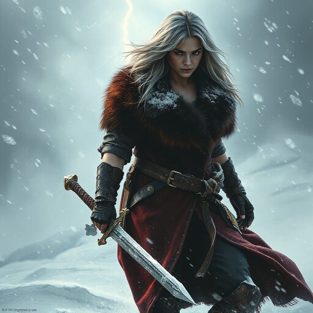 Warrior Woman in Blizzard: Cinematic Digital Painting