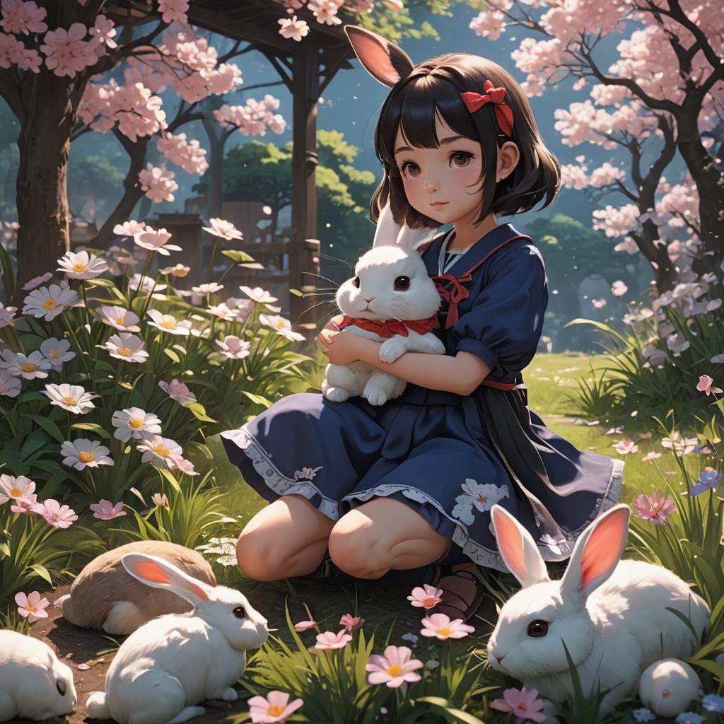 Anime Girl with Bunny in Detailed 3D Art