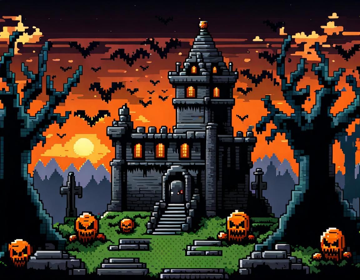 Scary Monster in Haunted Pixel Art Tower
