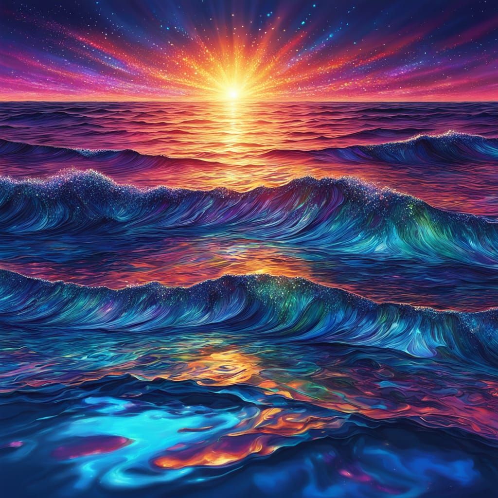 Cosmic Sunset on a Seashore in Vibrant, Iridescent Colors