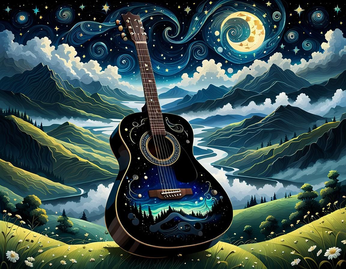 Acoustic Guitar Floating in Starry Night Landscape