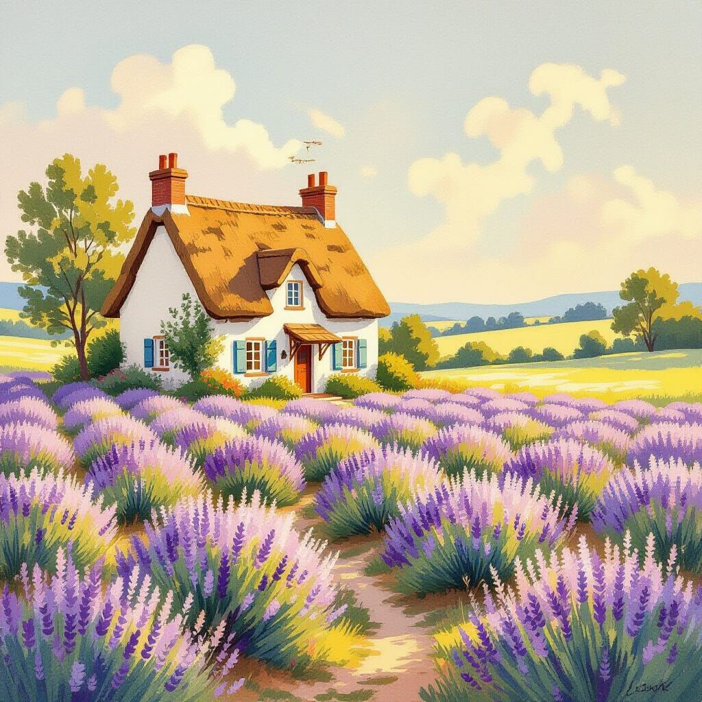 Quaint Lavender Cottage in Watercolor Style