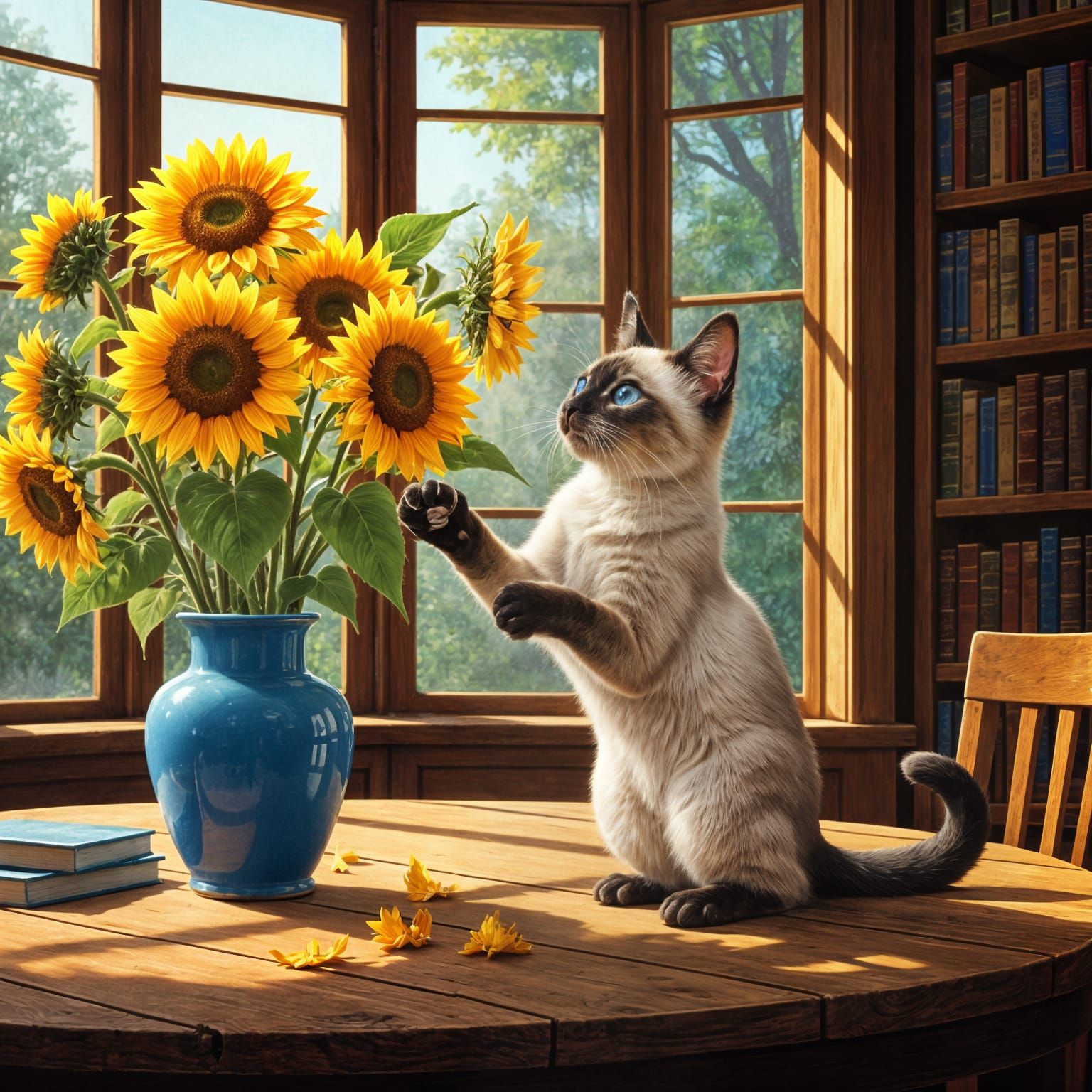 Siamese Kitten Reaches for Sunflowers in Sunny Library Paint...