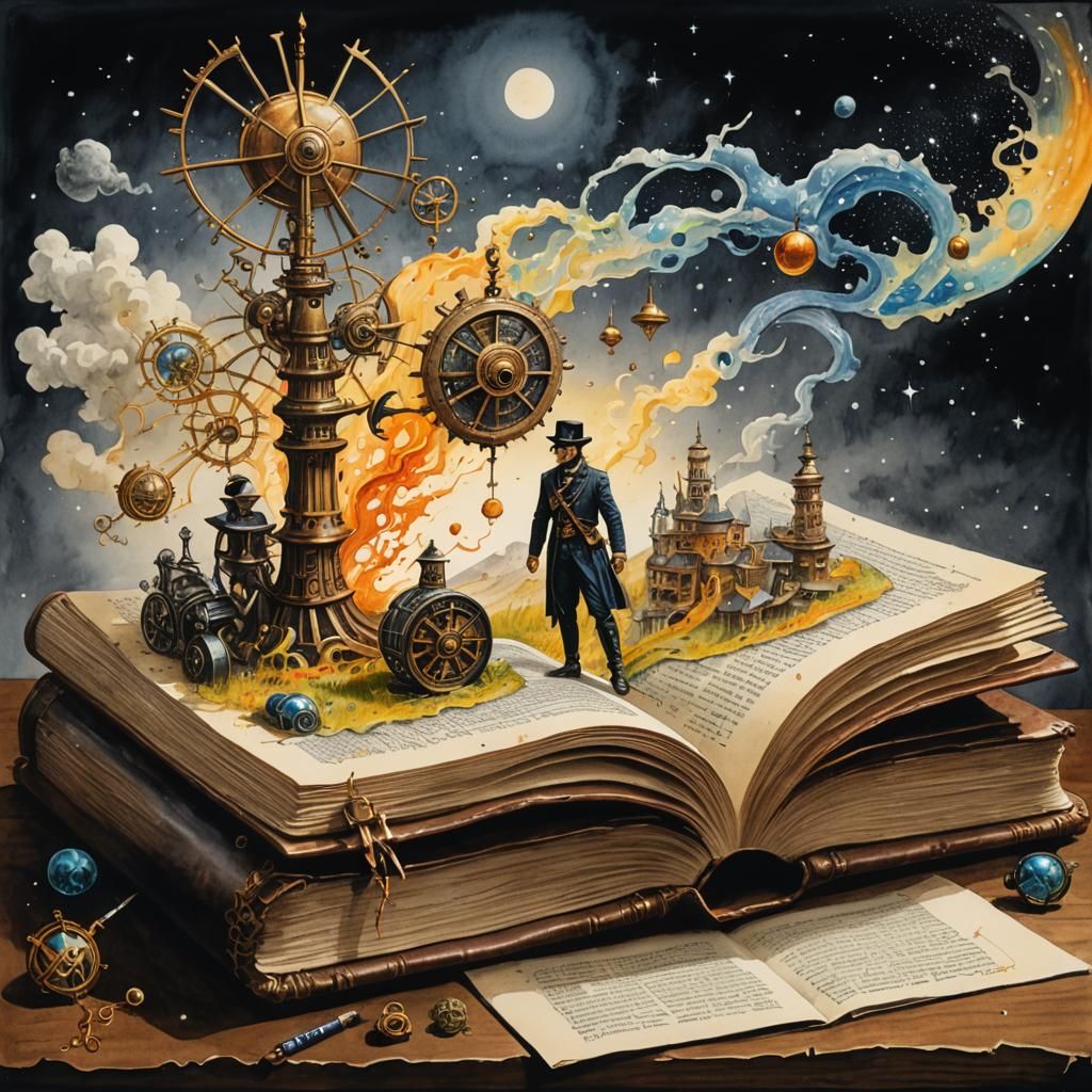 Ancient Book's Pages Turned by Wind: Steampunk Watercolor