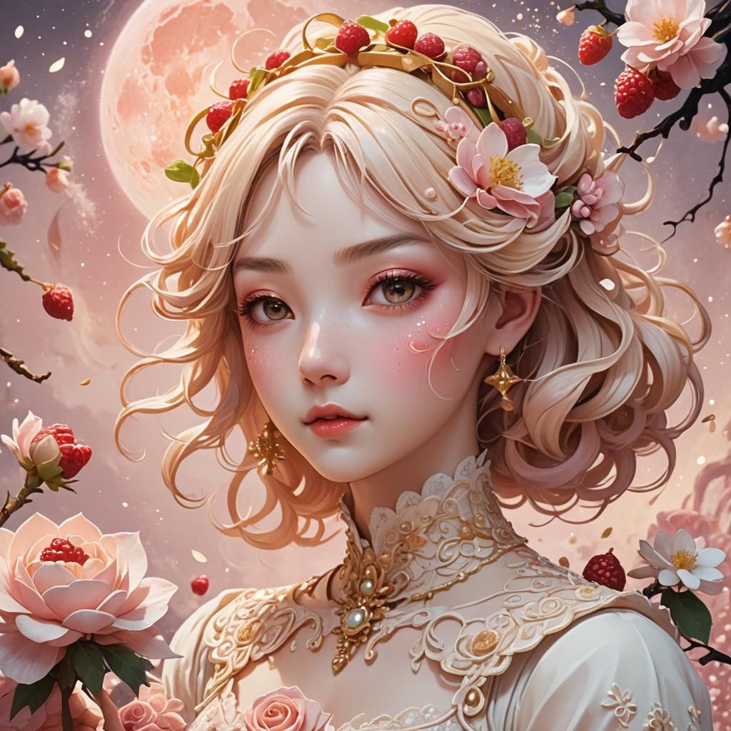 Dreamy Woman Portrait in Anime Style with Floral Elements