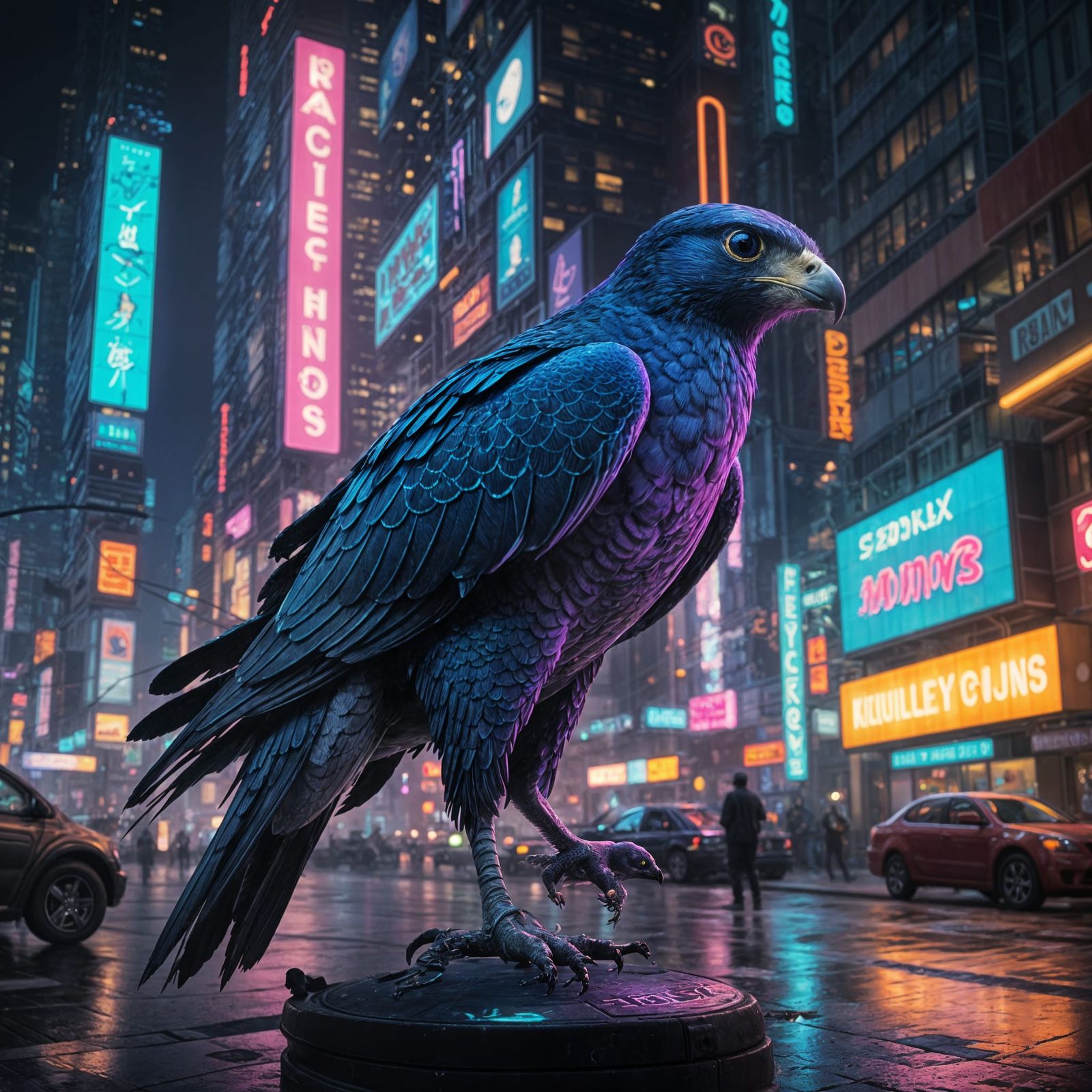 Bioluminescent Falcon Soaring in Cyberpunk Cityscape