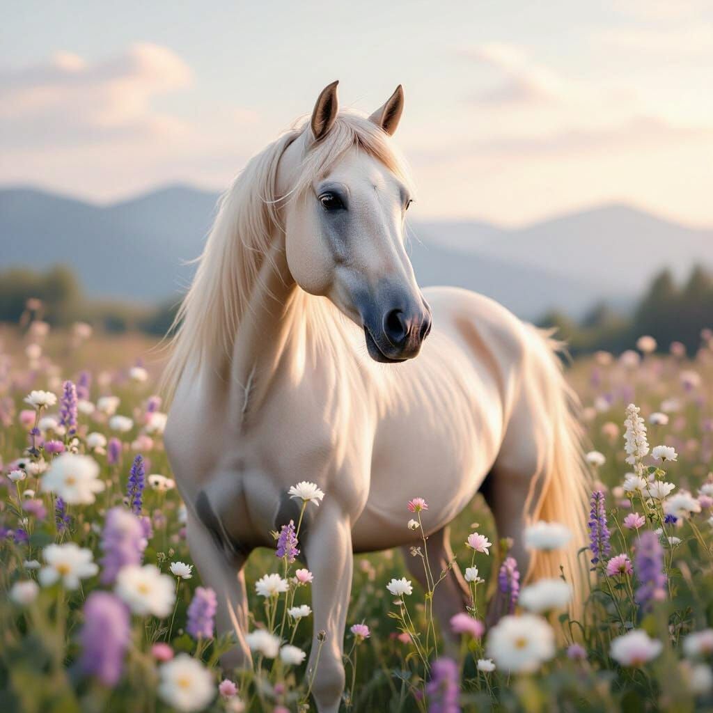 Light Beige Horse Amidst Blooming Flowers - Hyperrealistic A...