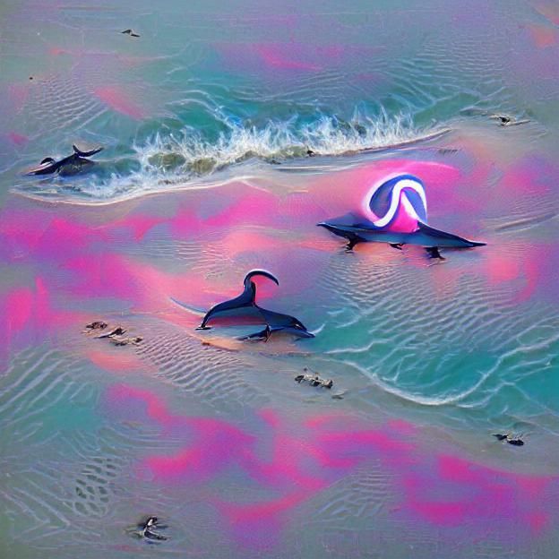 Vaporwave Flamingos and Dolphins on a Beach