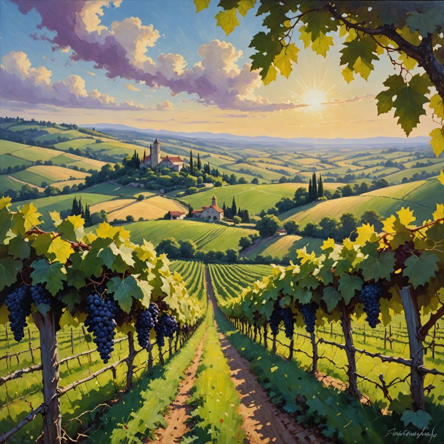 Vintage Landscape with Rolling Hills and Grapevines in Soft ...