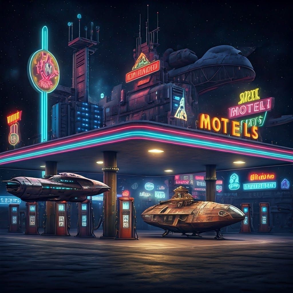 Bustling Alien Gas Station in Retro-Futuristic Style