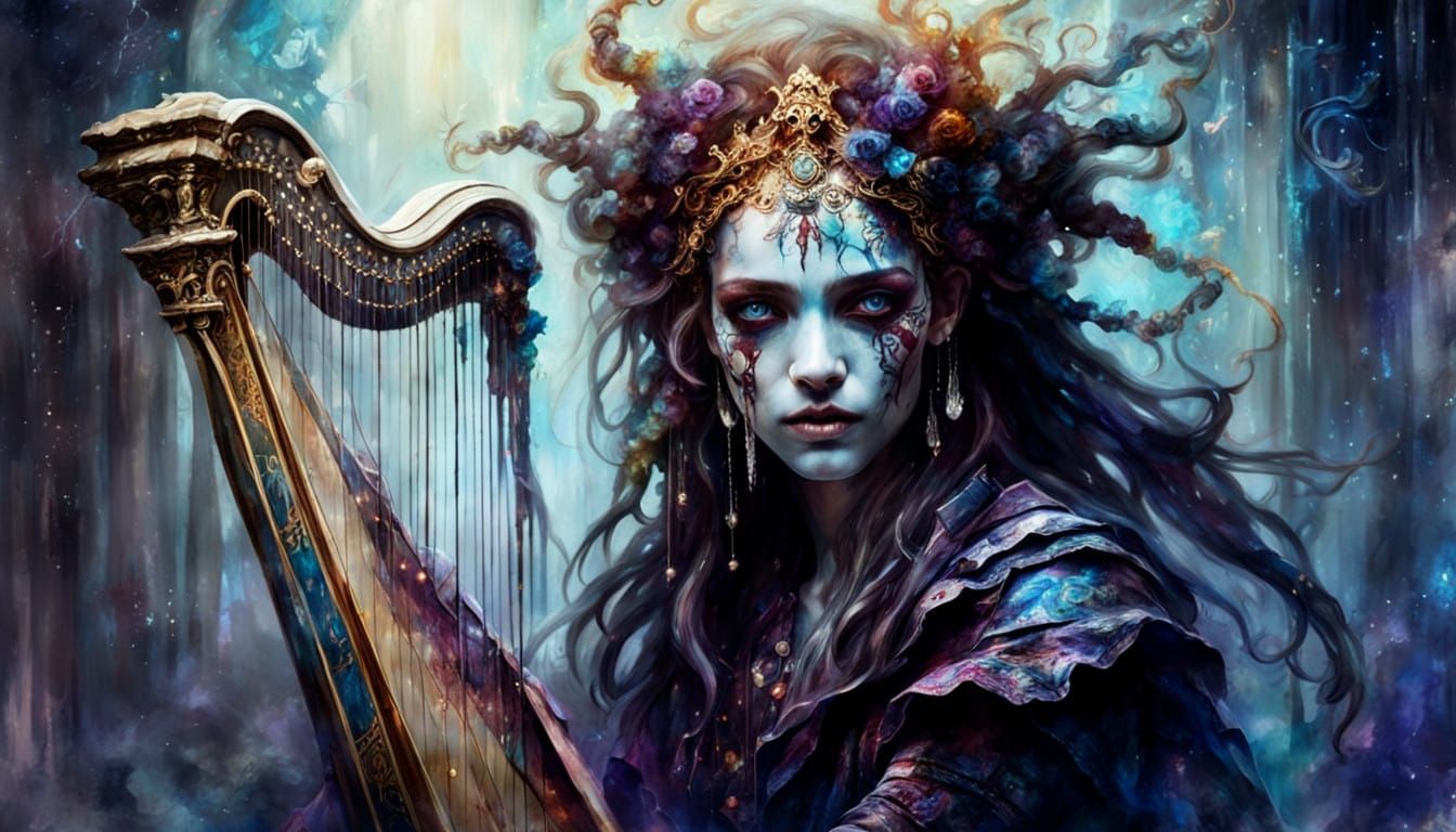 Surrealistic Harpist Medusa in a Smoky Mausoleum, Artistic E...