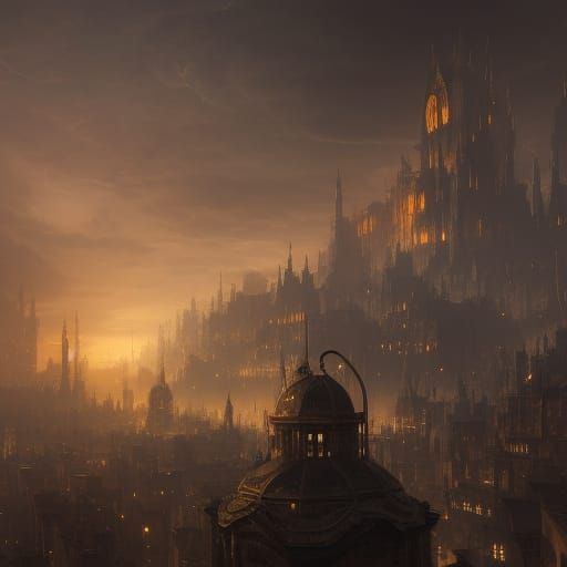 Intricate Book Above City in Dark Fantasy Style