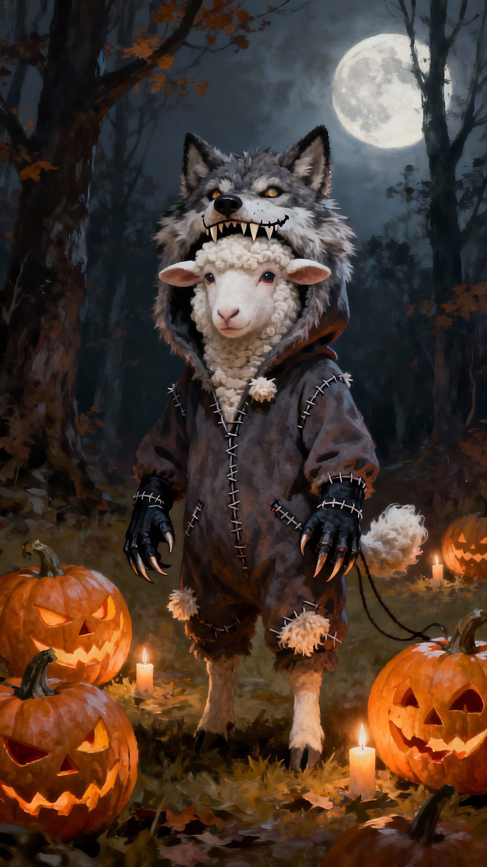 Sheep in Wolf Costume in Moonlit Forest