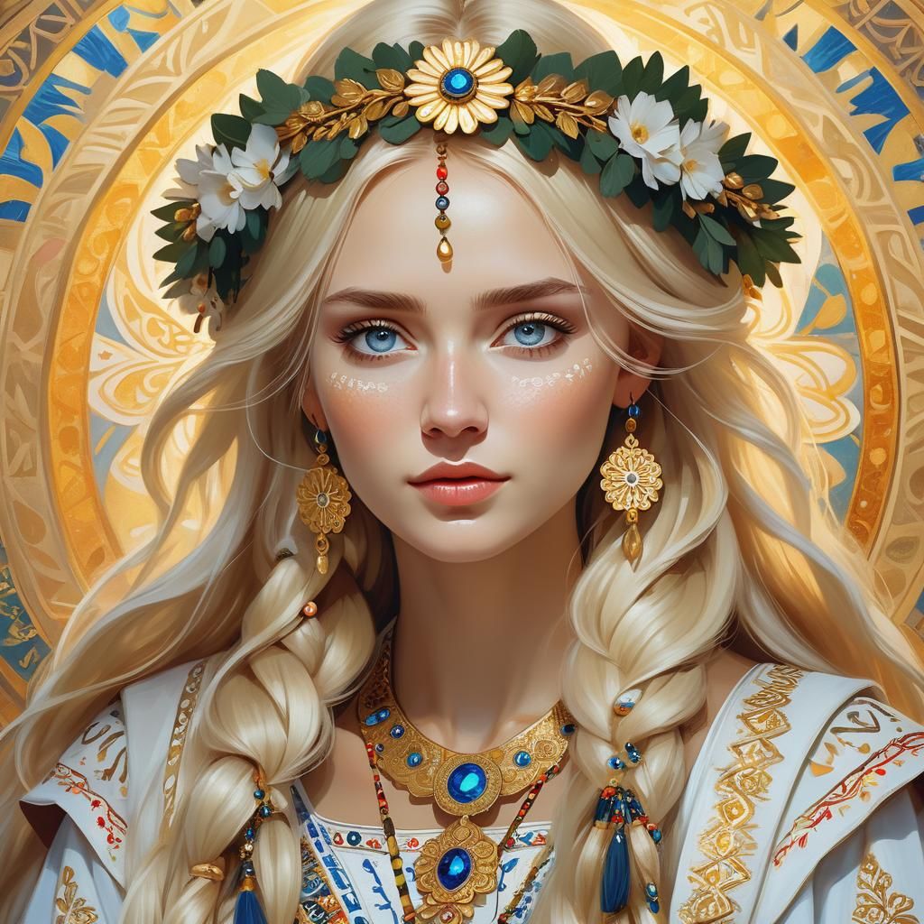 Russian Blonde in Traditional Slavic Clothing