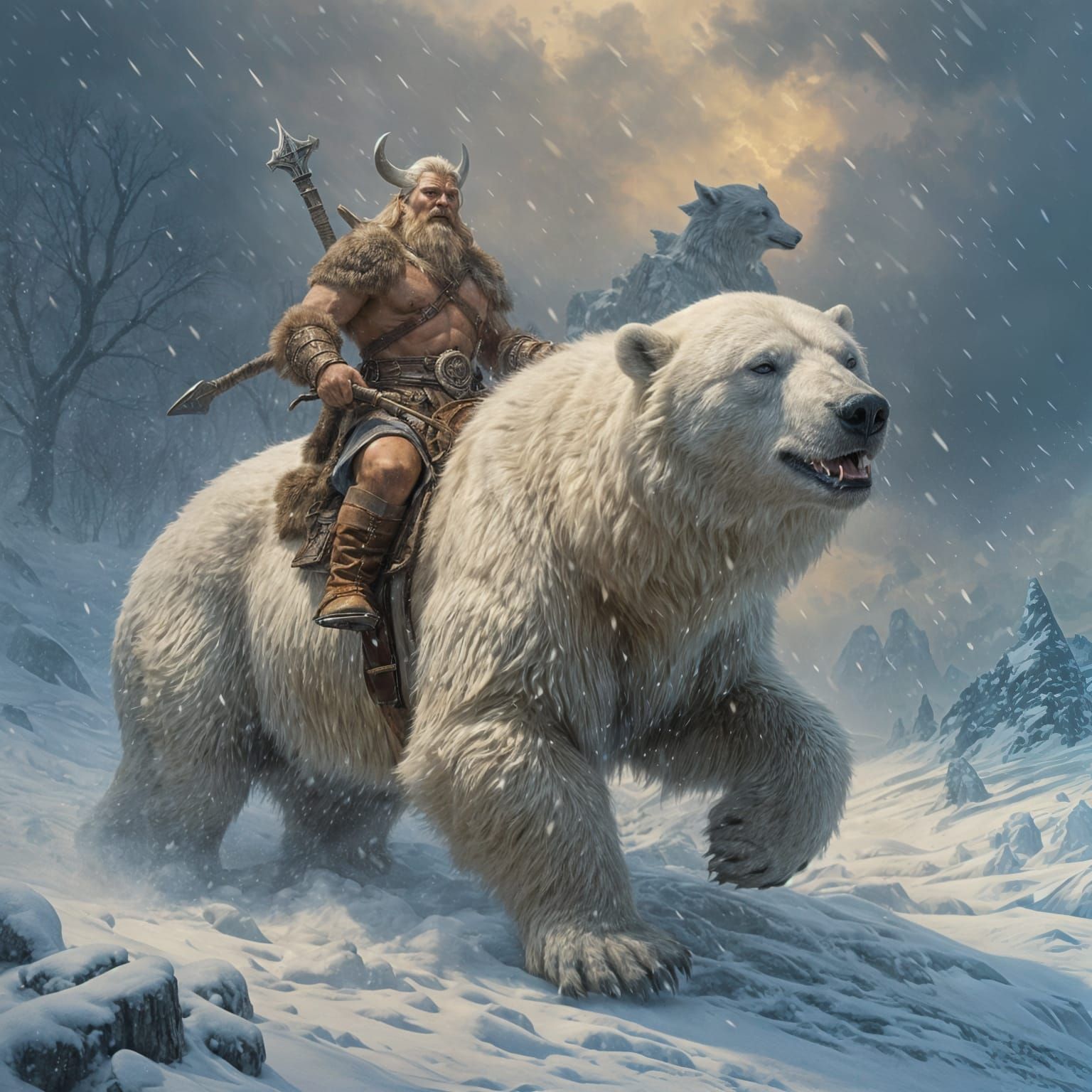 Viking riding a polar bear in a snowstorm