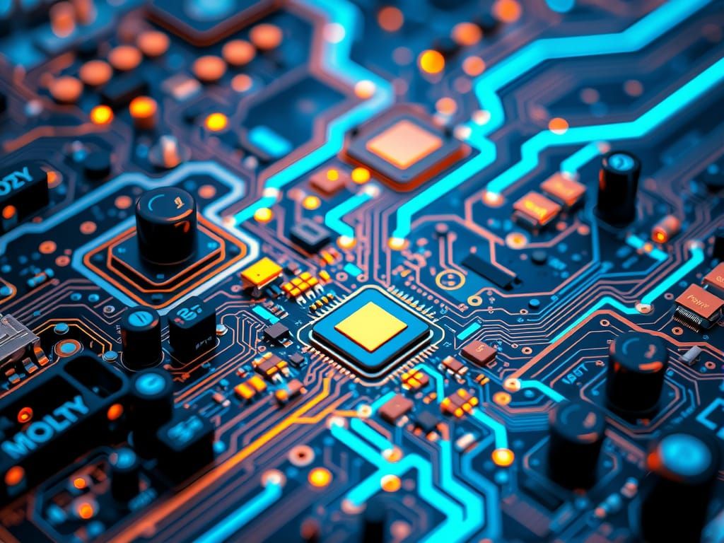 Cyberpunk Circuit Board in Neon Blues and Metallic Gold