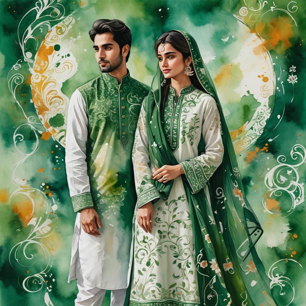 Pakistani Couple in Traditional Dress with Flag