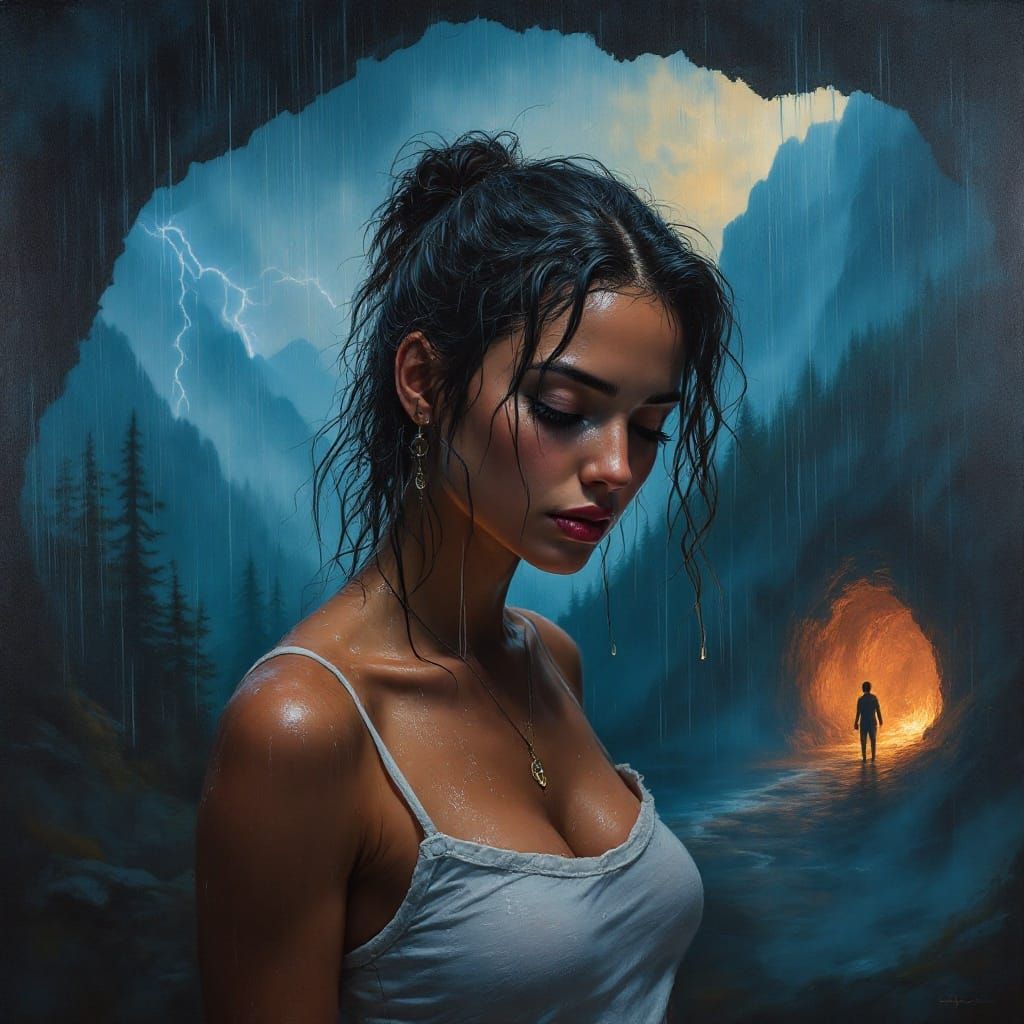 Moody Rainy Landscape with Contemplative Traveler