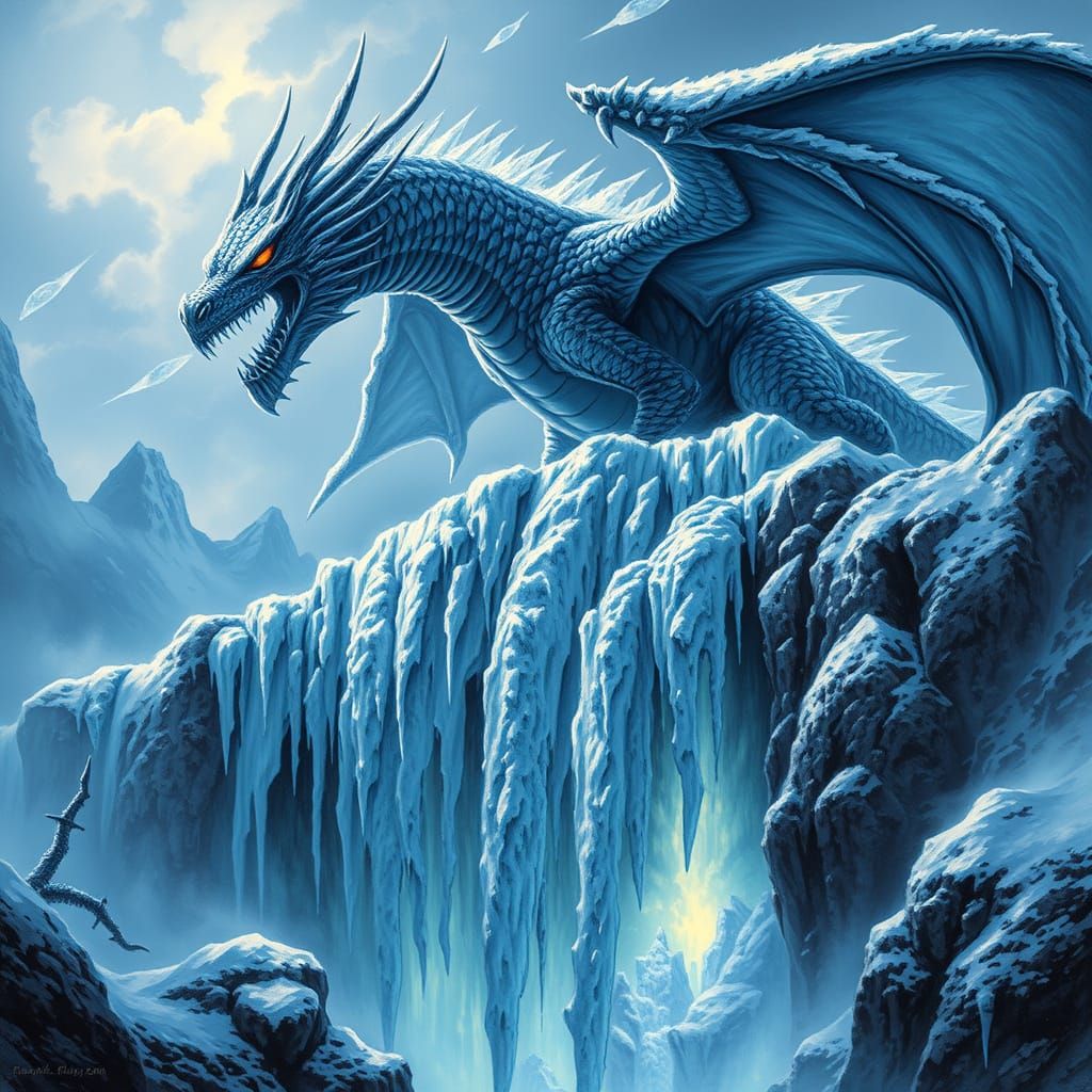 Majestic Ice Dragon on Frozen Falls: Dark Fantasy