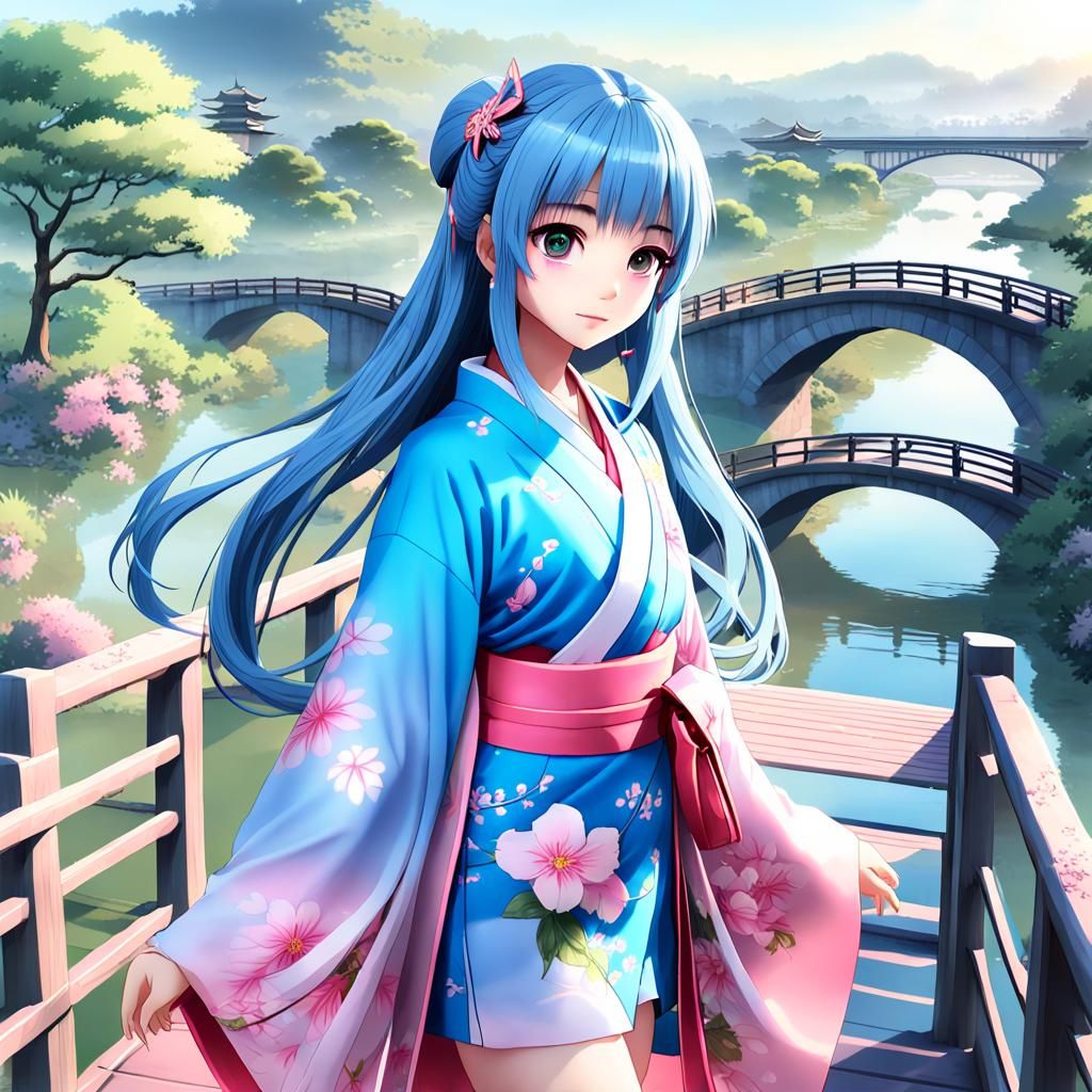 Anime Princess with Blue Hair in Misty Park