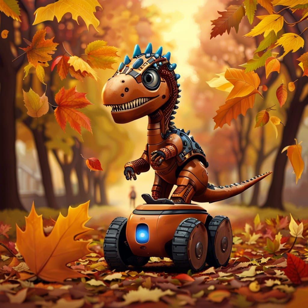 Child Rides Robotic Dinosaur Through Autumn Leaves