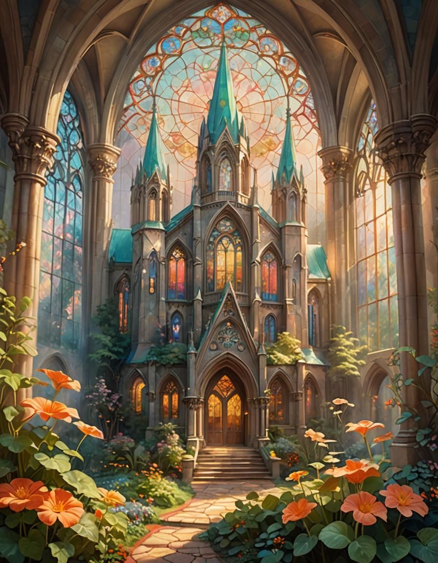 Cathedral Interior with Stained Glass in Oil Painting Style