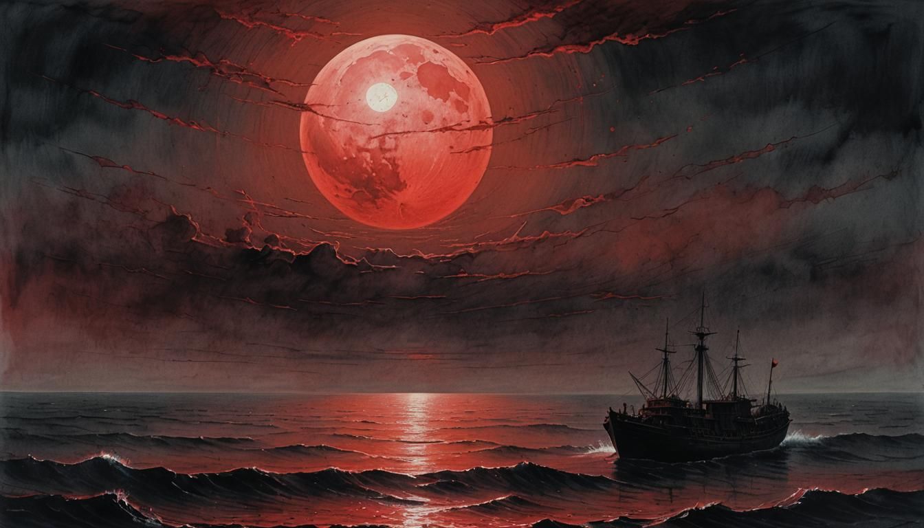 Bloody Ocean Under Crimson Moon: Sinister Dark Art