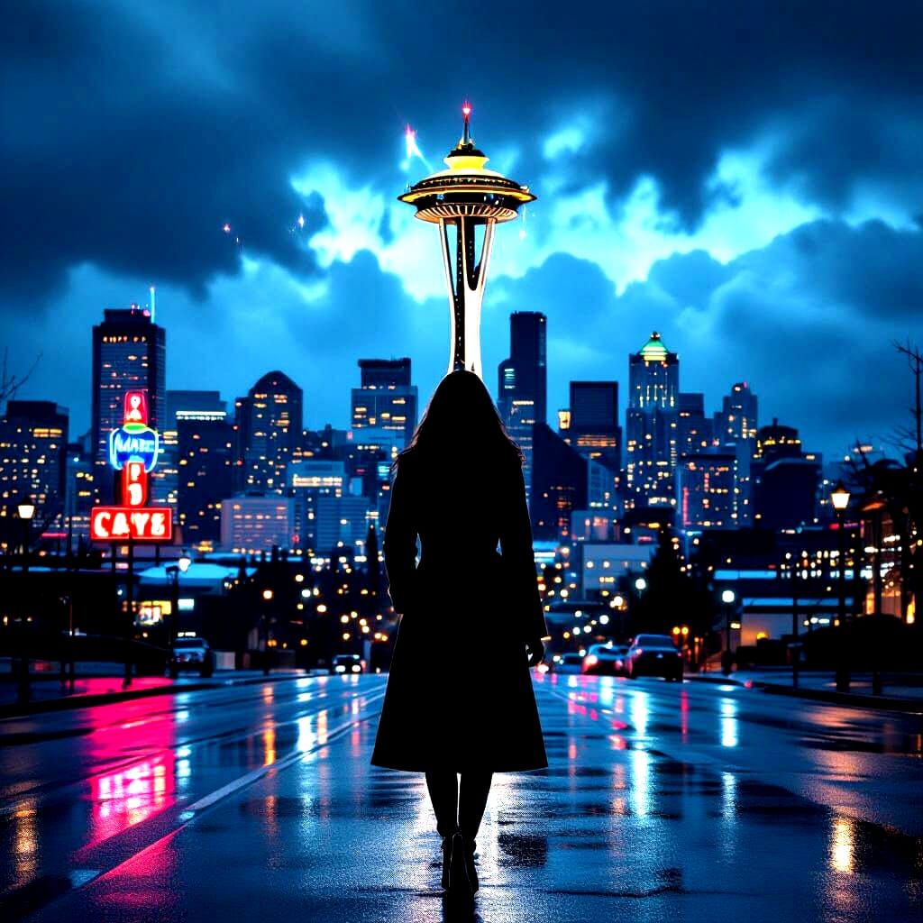 Neon Seattle Skyline Double Exposure at Night