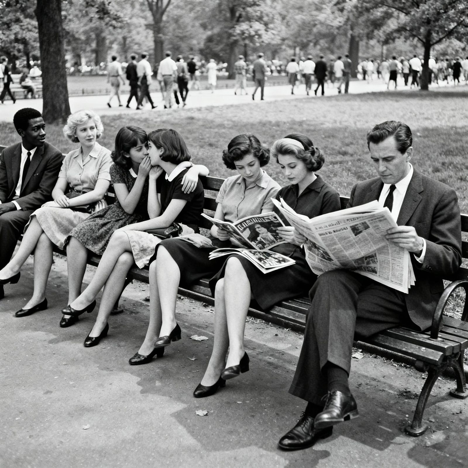 1960s Park Bench Scene: Diverse Group Engaged in Quiet Momen...