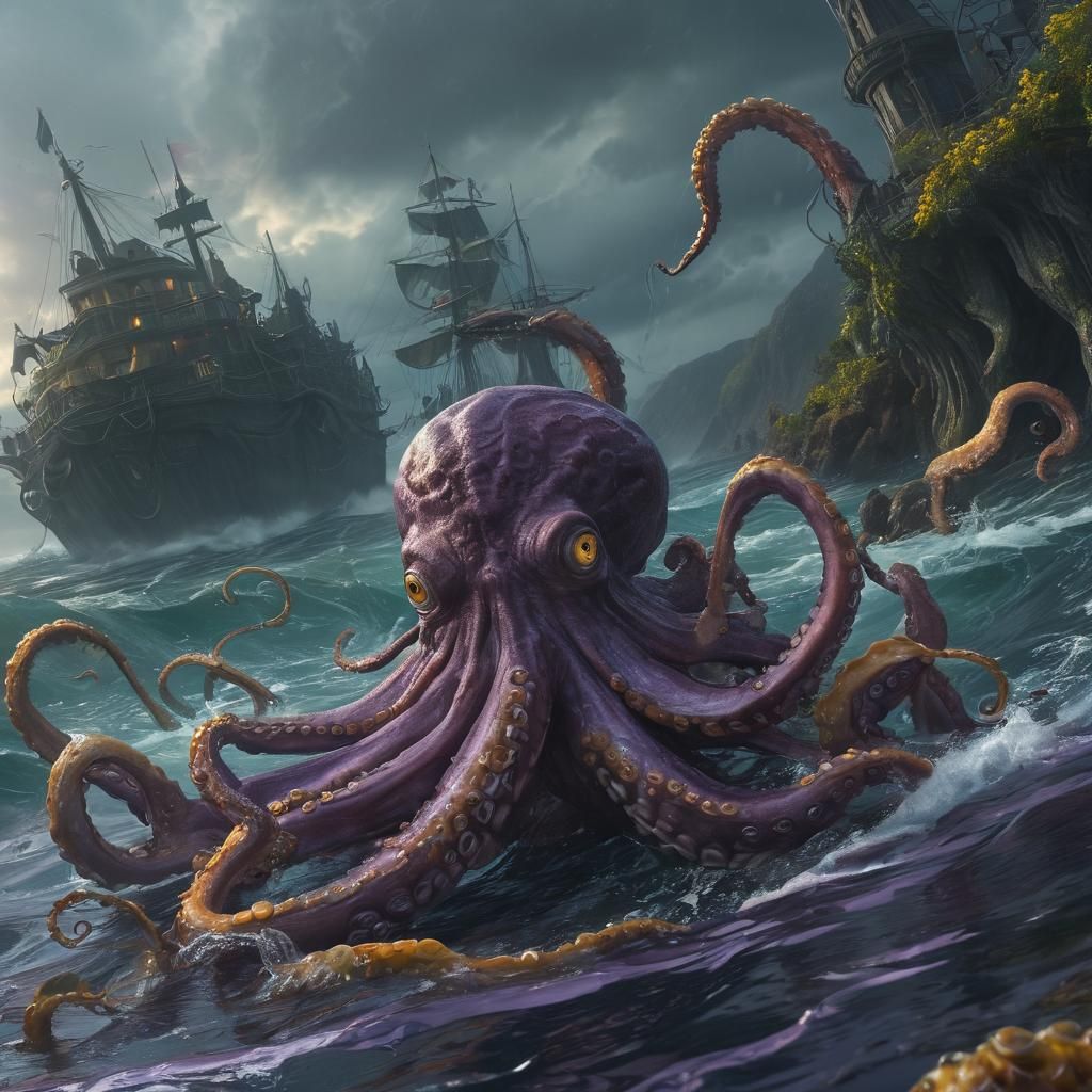 Giant Octopus World Ravage in Dark Fantasy Style