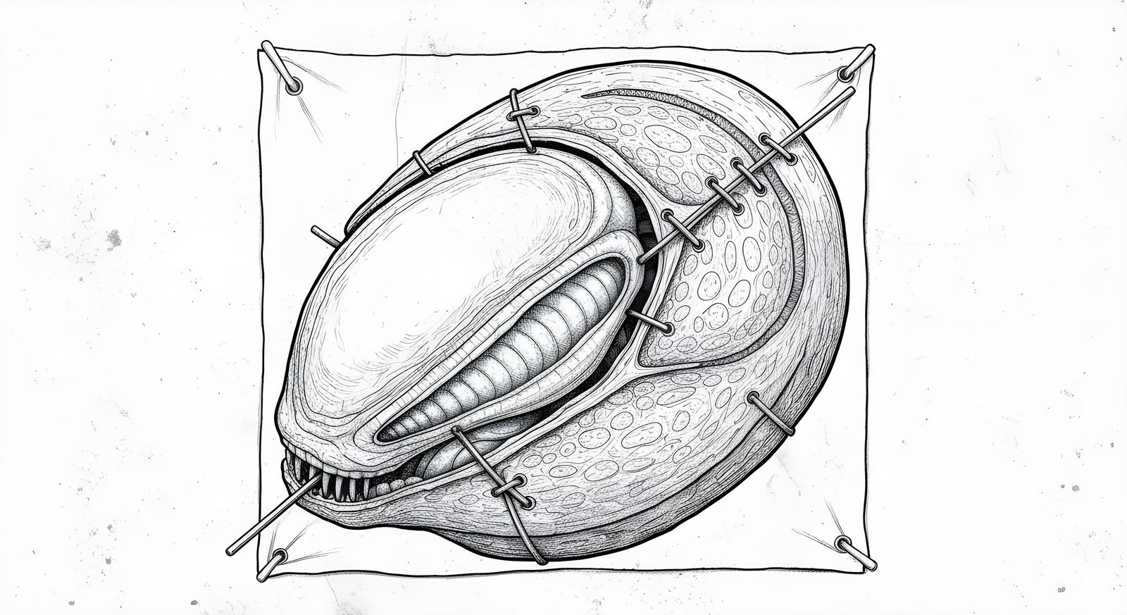 Alien Embryo Technical Drawing on Textured Canvas