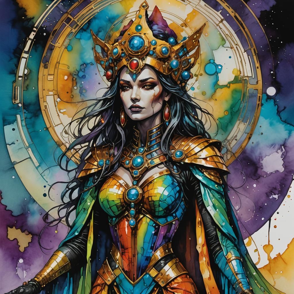 Retro-futuristic Priestess in Alcohol Ink