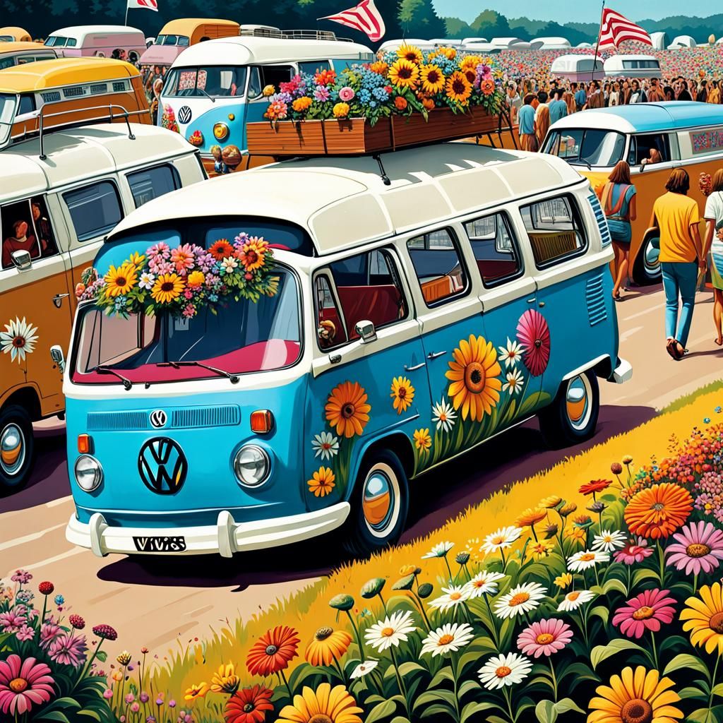 A unique customized VV Camper at Woodstock celebrating flowe...