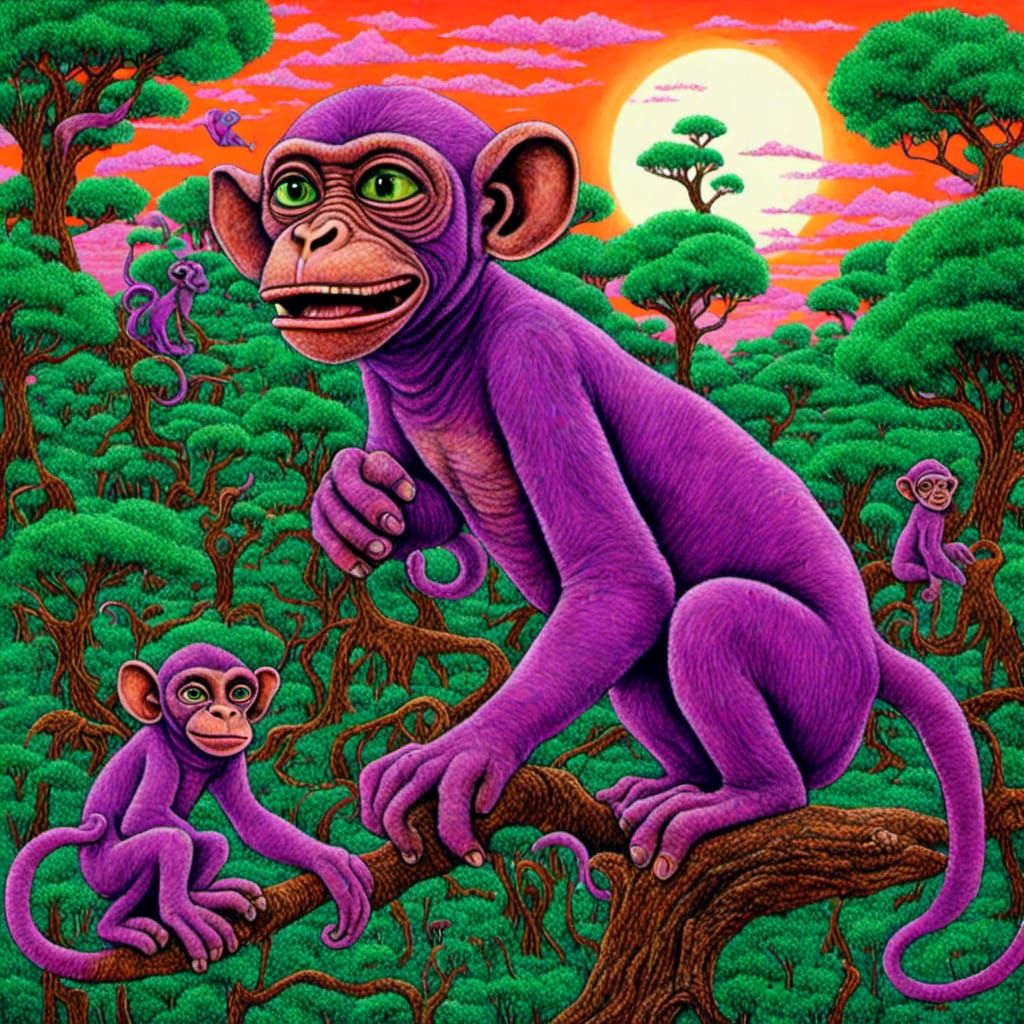 Lush Forest with Monkeys in Van Gogh Style