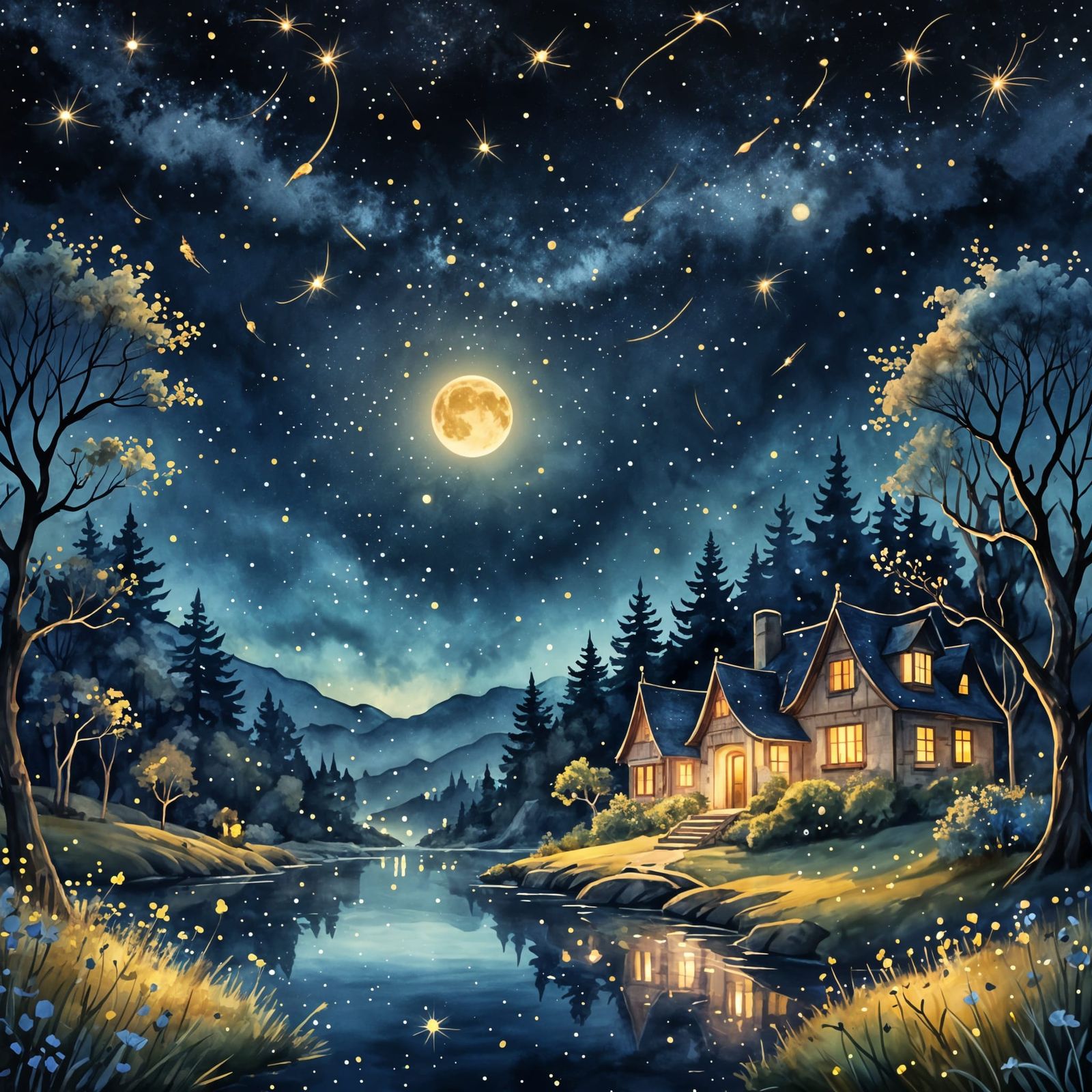 Enchanted Night Scene: A Dreamlike Watercolor Landscape