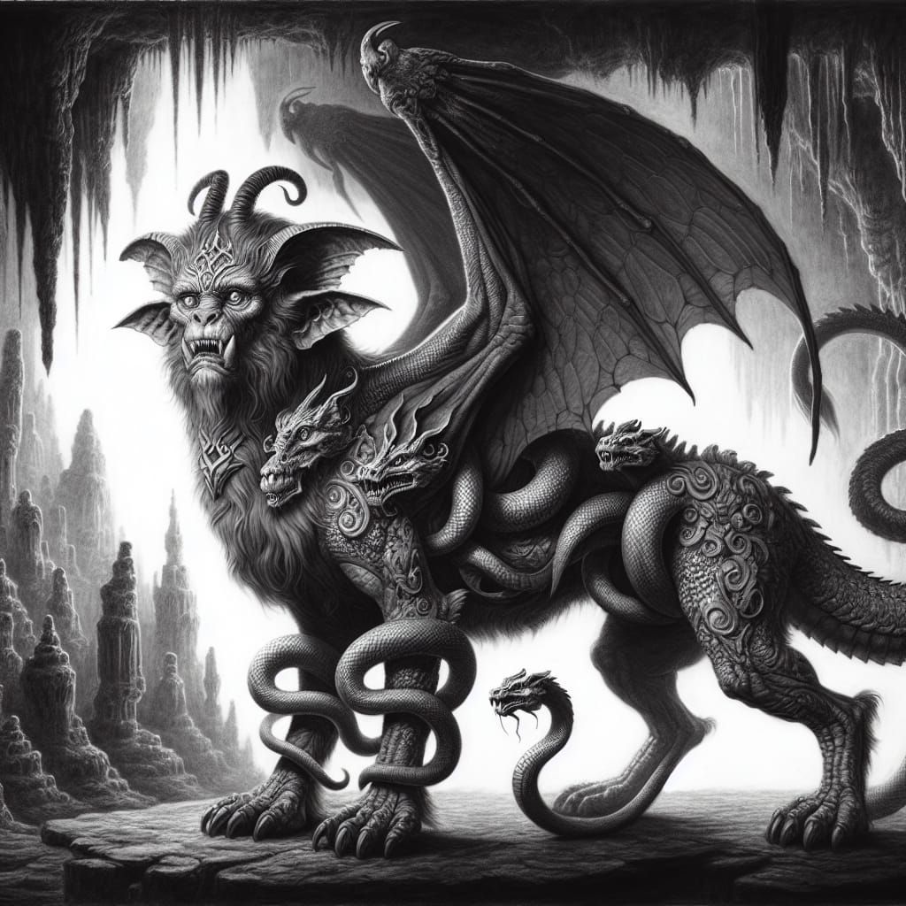 Detailed Charcoal Drawing of Mythical Chimera Creature