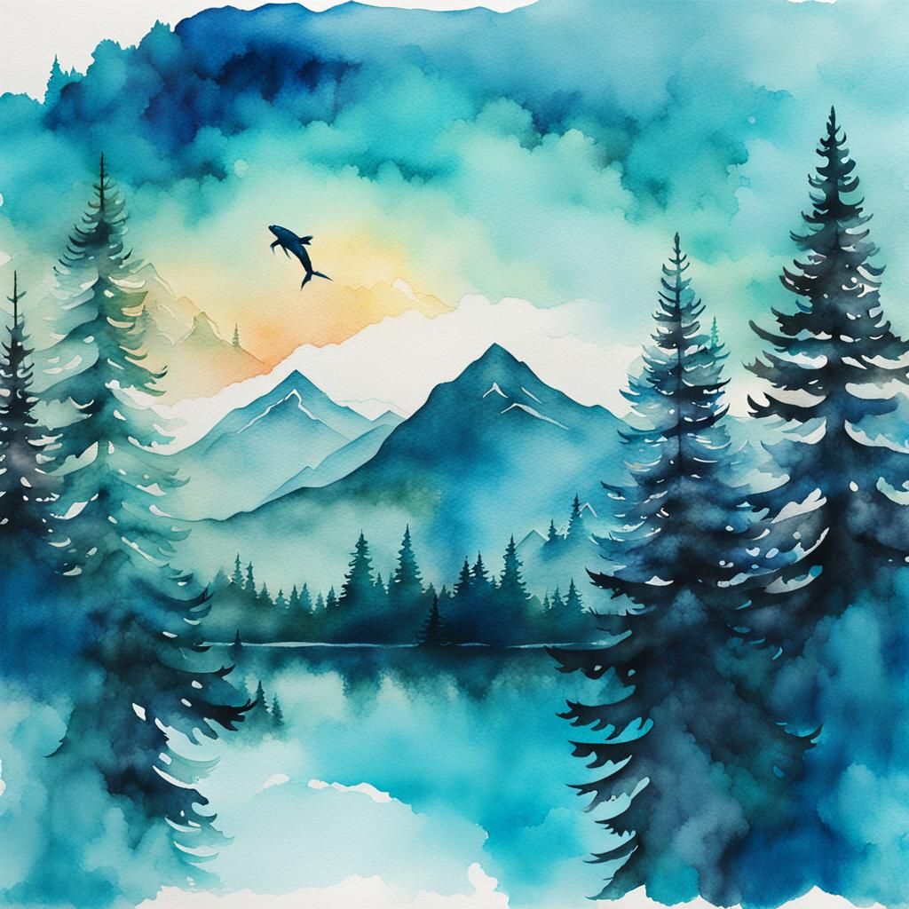 Watercolor Double Exposure Fish and Mountain Silhouette