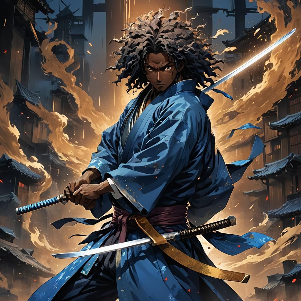 Anime Swordsman in Blue Haori with Katana
