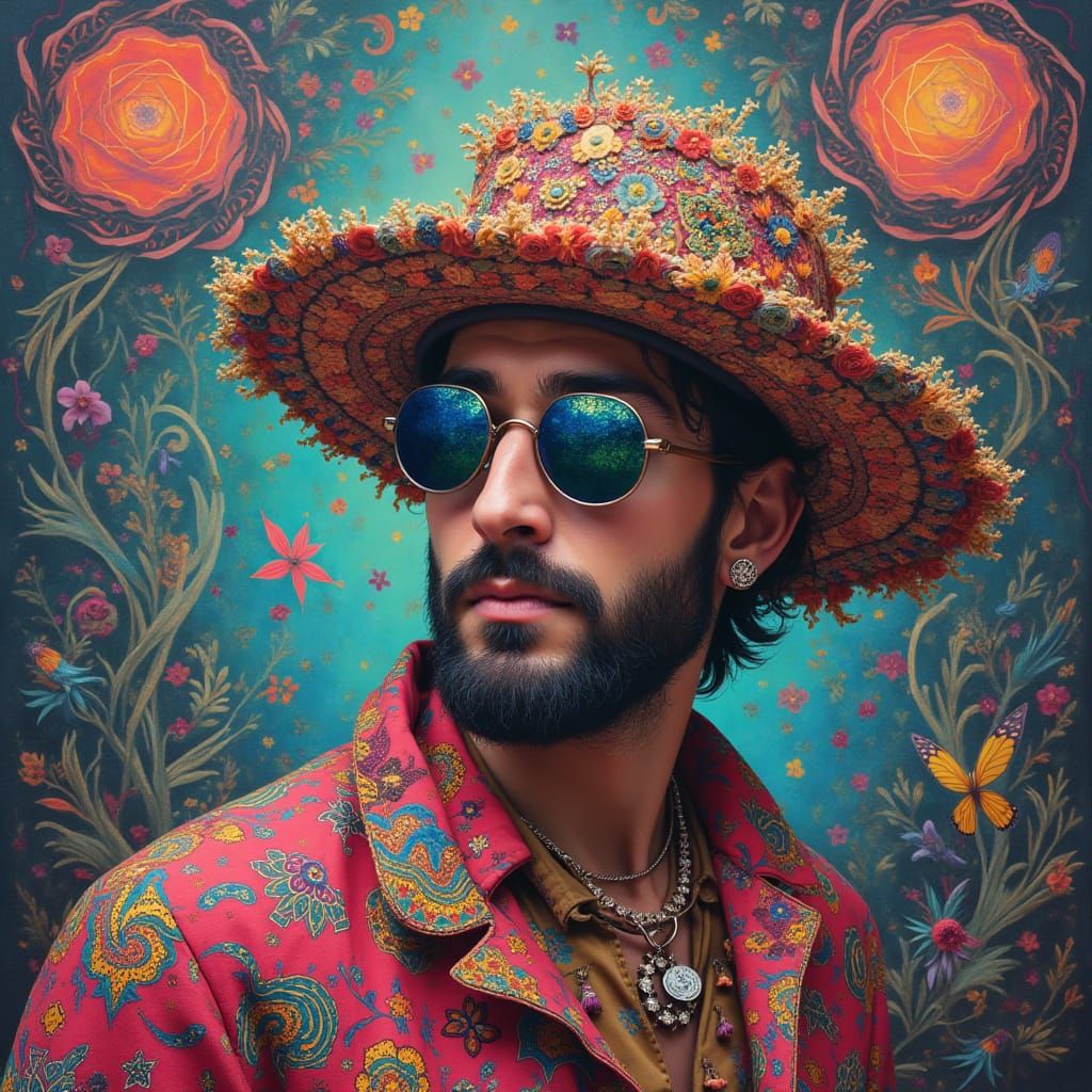 Man Surrounded by Vibrant Patterns in a Surreal Dreamlike Sc...