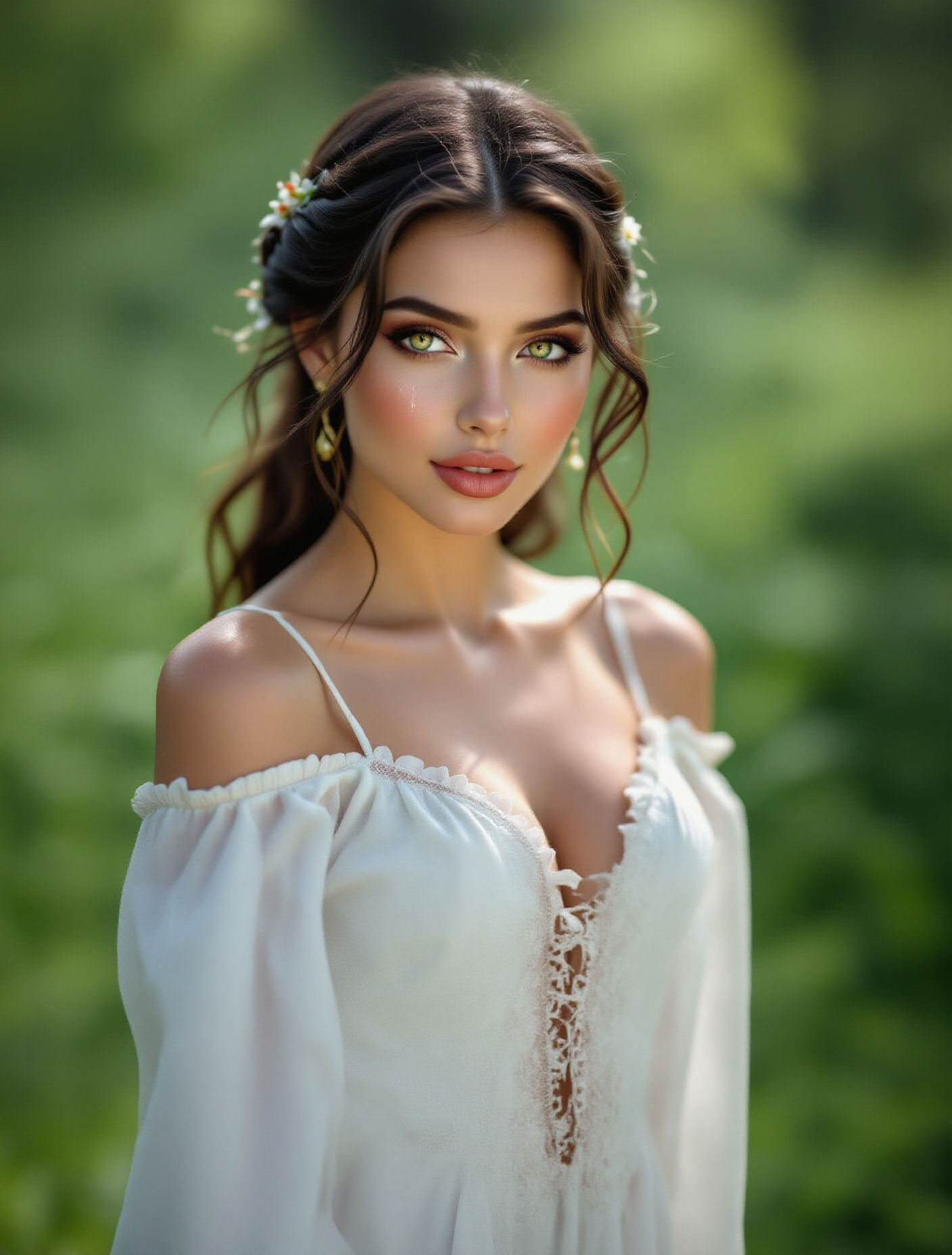 Vampire Woman with Golden Eyes in Dreamy Nature