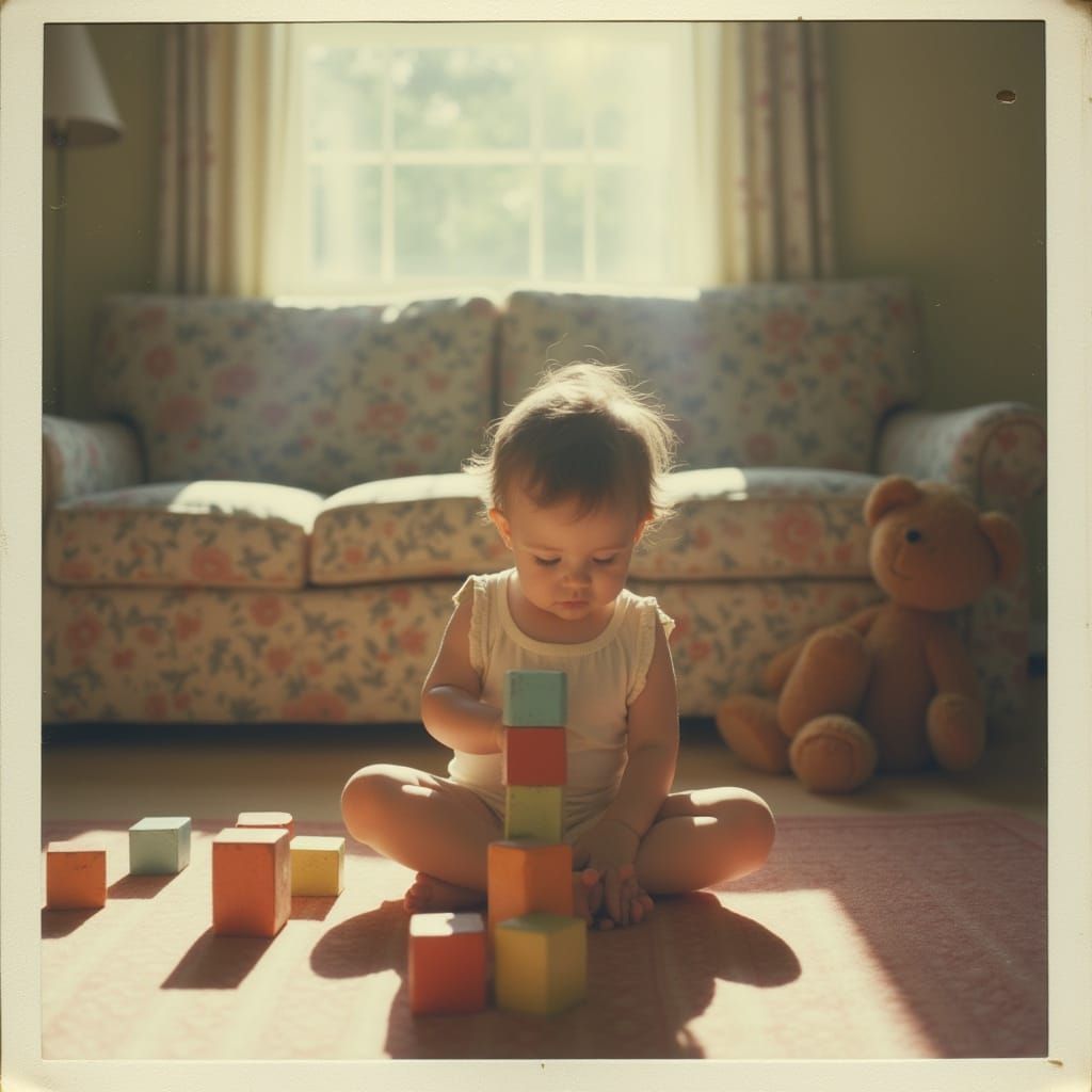 Child Stacks Wooden Blocks on Loom Carpet in Warm 1970s Home