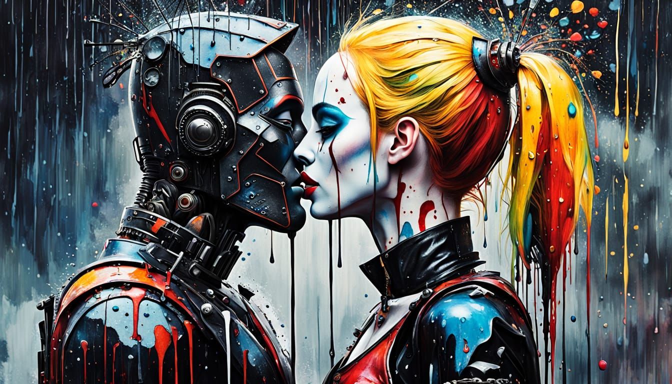 Robot Man and Harley Quinn Kissing in the Rain