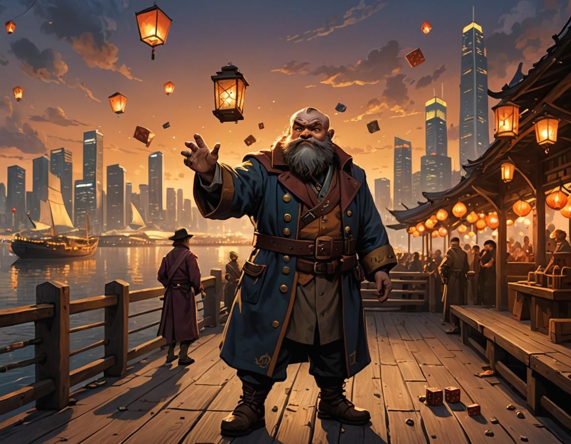One-Armed Dwarf Captain Throws Dice at Dusk