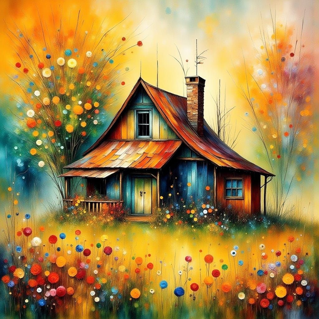 Cottage in Meadow with Watercolor and Marbling Effects