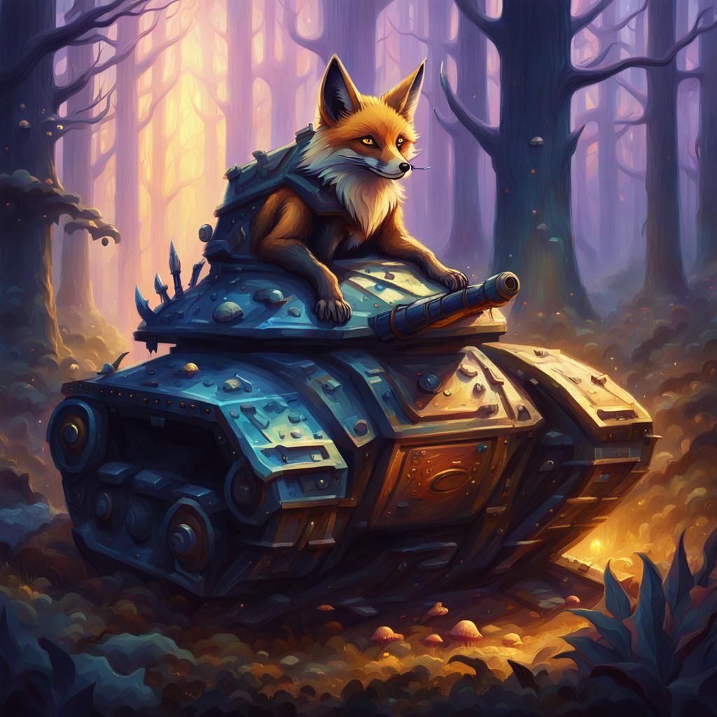 Fox Creature on Armored Tank in Mystical Forest