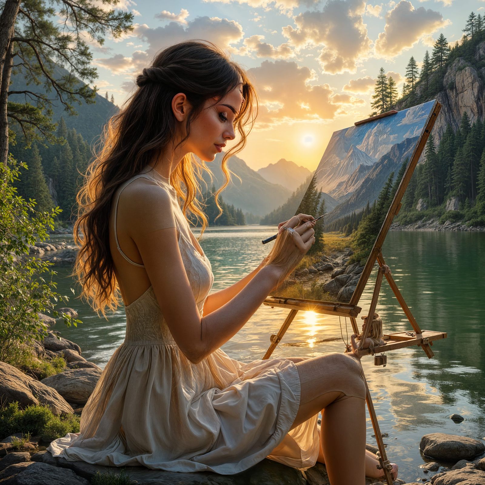 Artist Paints River Landscape in Profile View