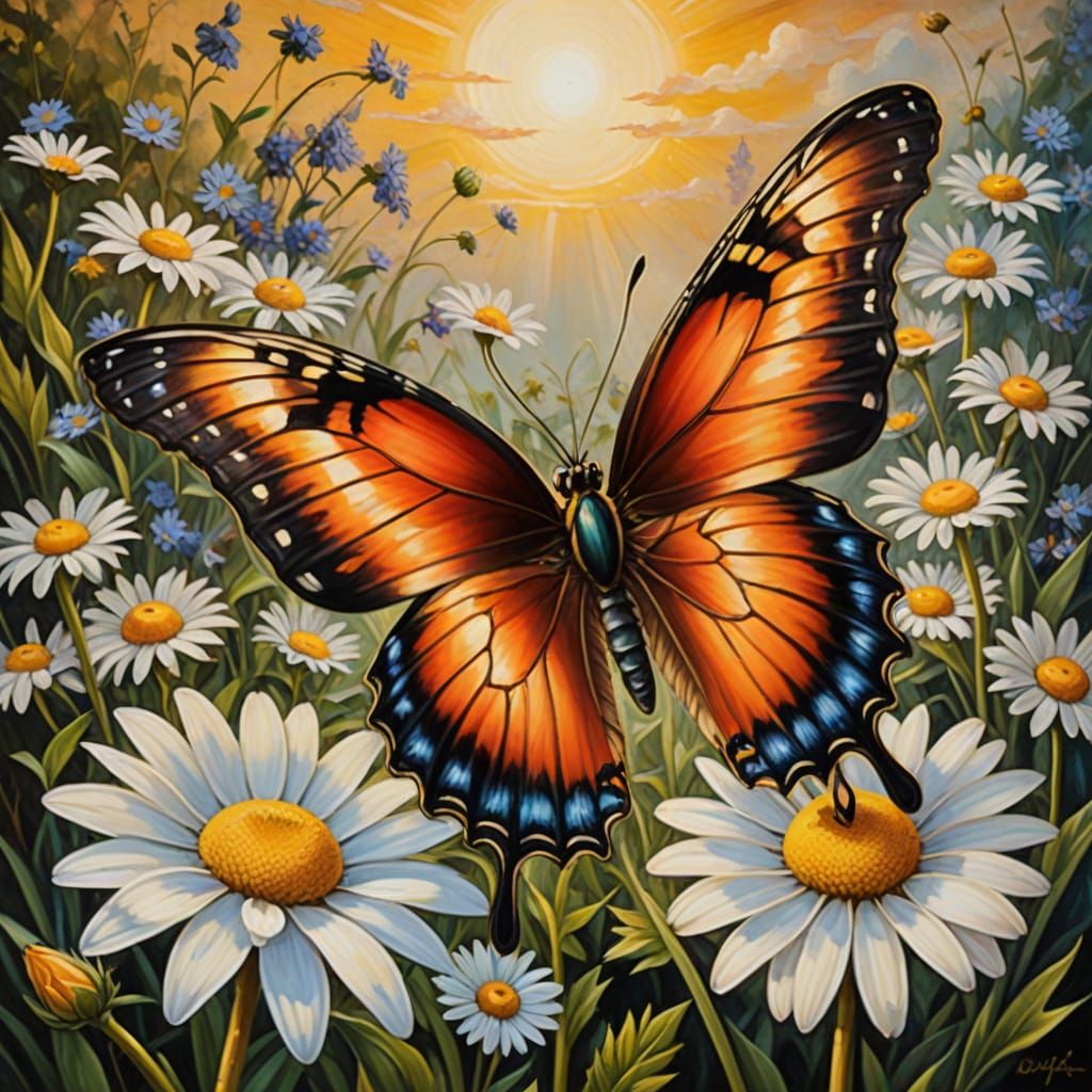 Butterfly on Daisy: Romantic Pre-Raphaelite Painting