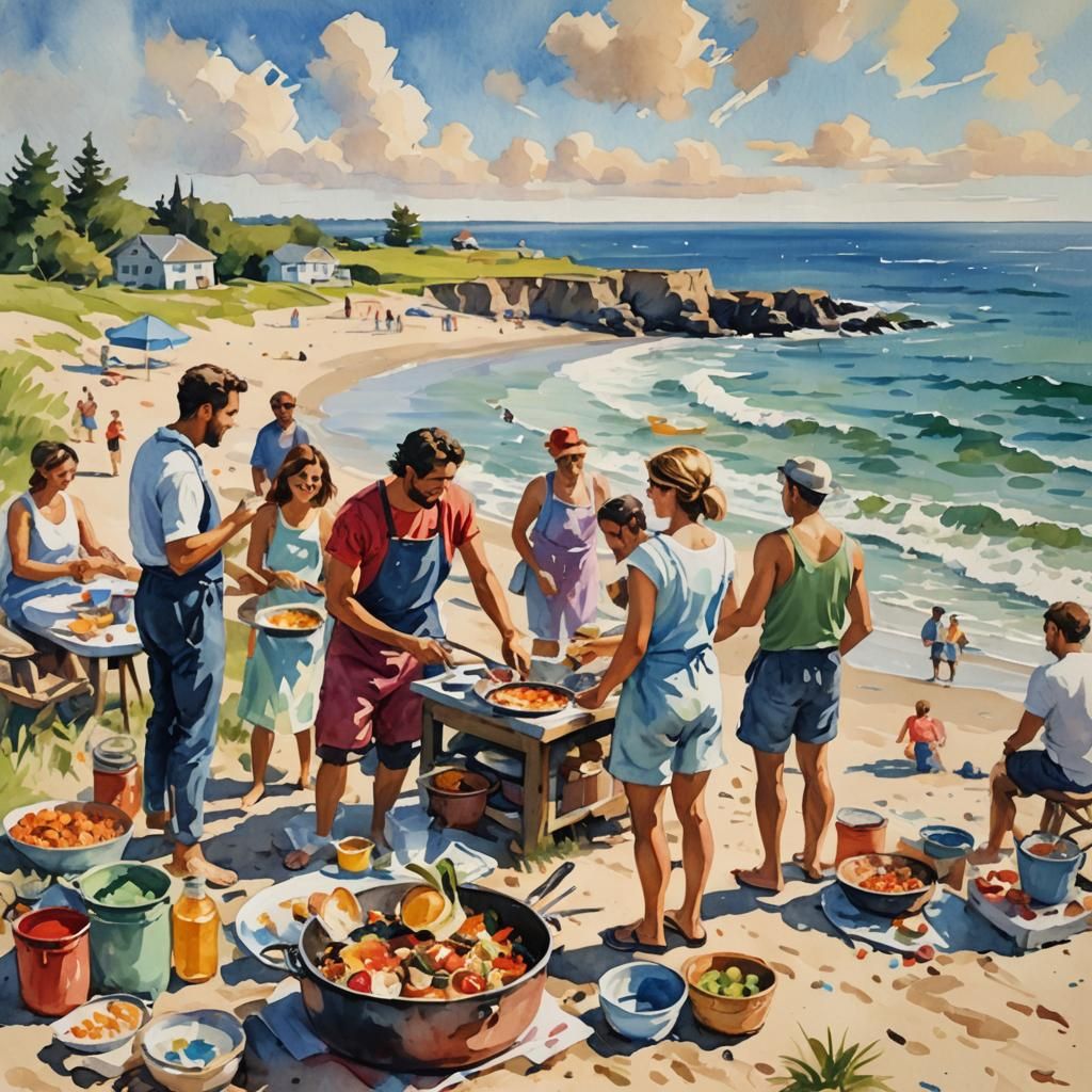 Beach Cookout: Impressionist Gouache Style Painting