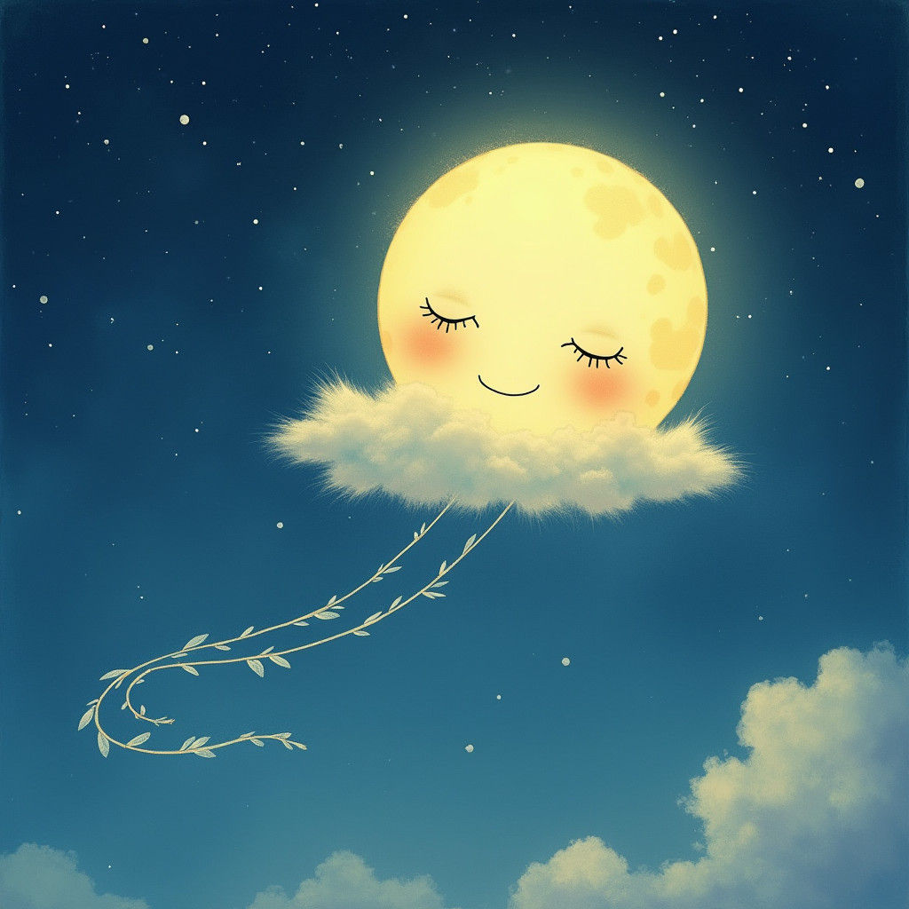 Dreamlike Moon Soaring as Kite in Starry Sky