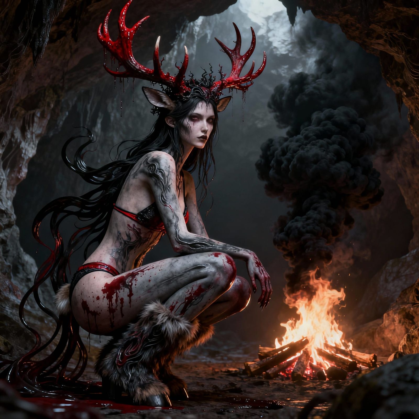 Death Witch in Cave with Antler Crown and Bonfire
